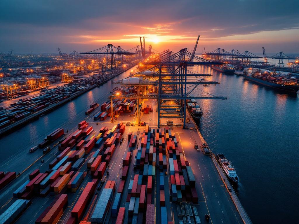 中东集装箱码头的傍晚景象，吊机和堆放的集装箱