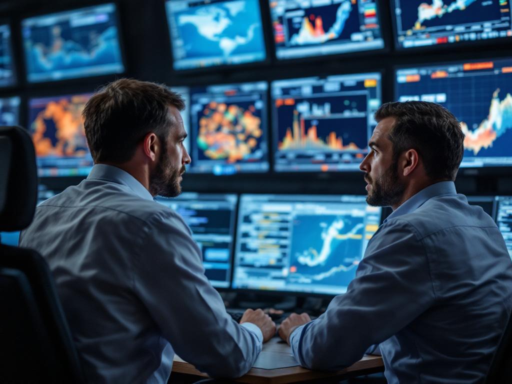 货代运营团队的员工们一起看着船舶位置追踪屏幕