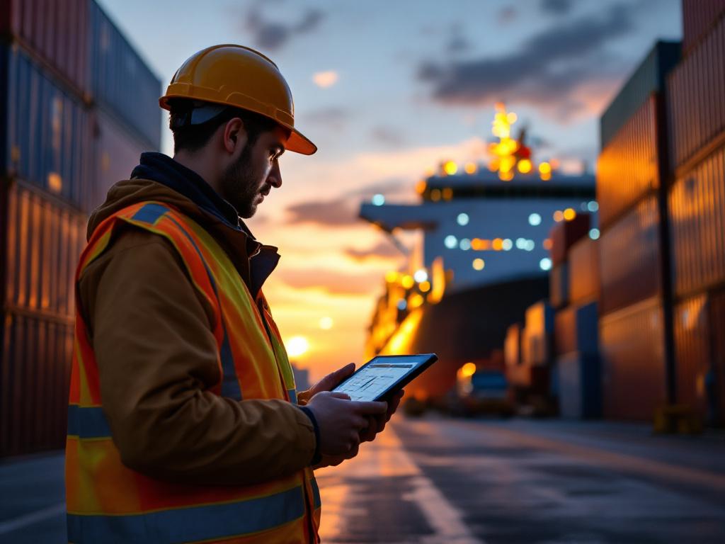 Port of Busan container yard, a field worker checking schedules on a tablet