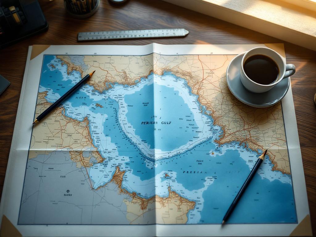 책상 위에 펼쳐진 호르무즈 해협 해도와 자, 연필