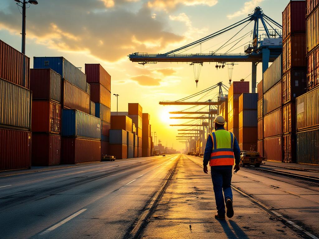 석양이 지는 중동 컨테이너 터미널에서 무전기를 들고 걷는 작업자